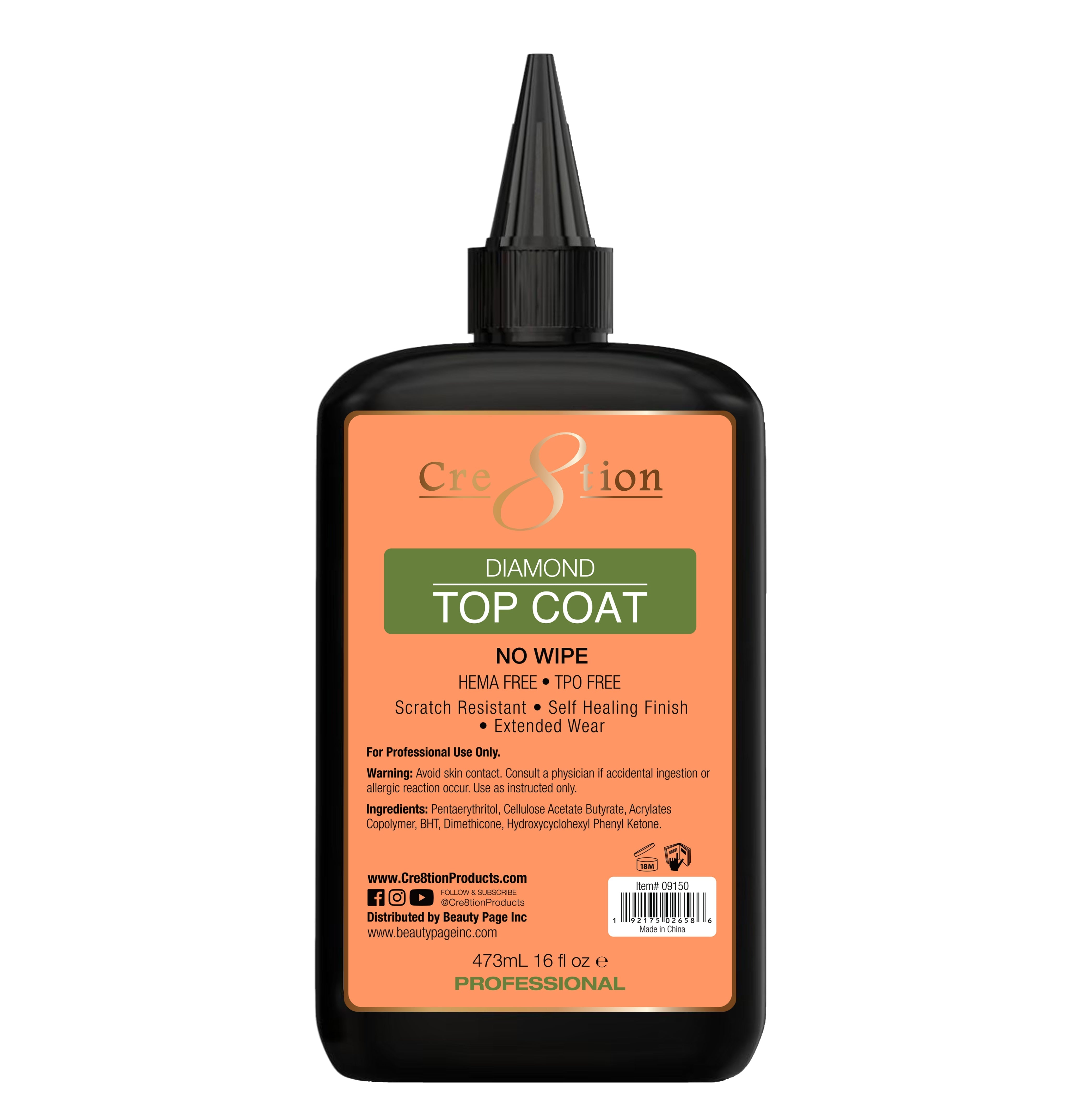 Cre8tion Diamond Soak Off Gel No Wipe Top Coat 16oz Refill (HEMA/TPO Free)